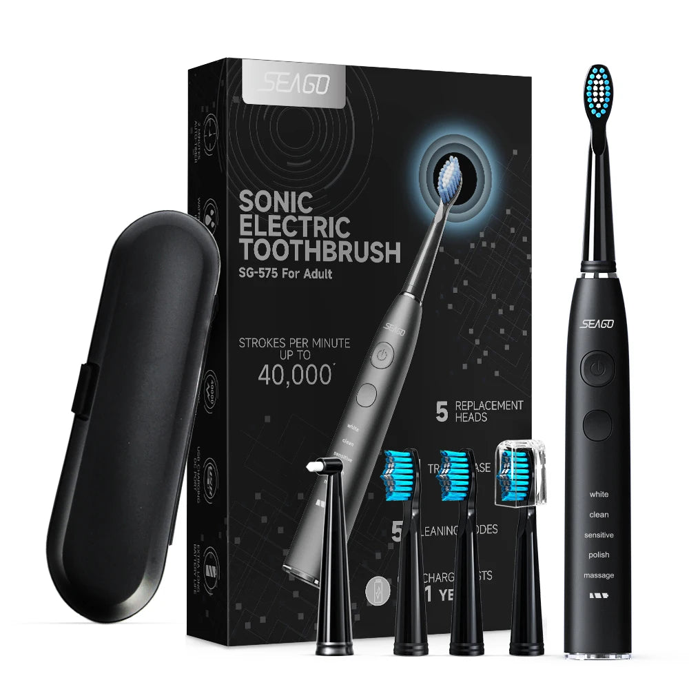 Seago Electric Toothbrush Sonic Toothbrush Once Charge Last about 300 Days 5 Modes 5 Toothbrush Heads 1 Travel Box Teeth Clean