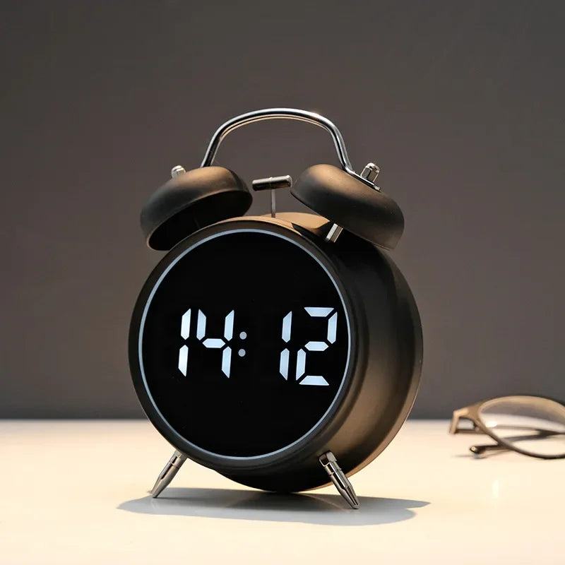 Multifunctional Extra Large Metal Alarm Clock with LED Screen Plug-In Children's Clock for Heavy Sleepers