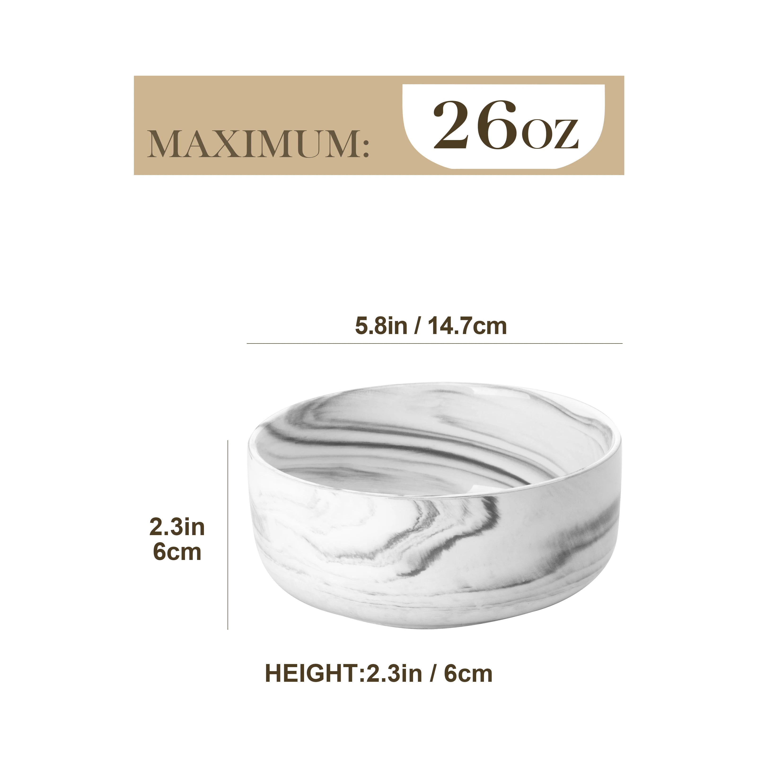 MALACASA 4 Piece Bowl 26oz Ceramic Dinnerware set White Porcelain Plates Grey Marble Tableware Set Cereal Bowls Salad Soup Bowls