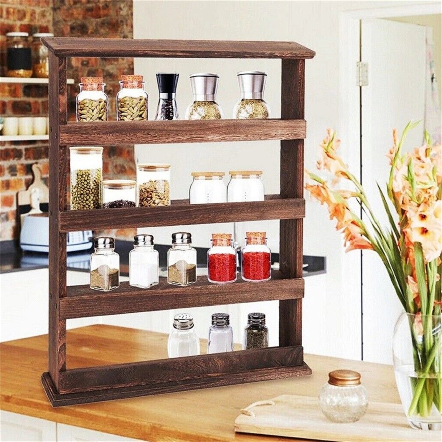Rustic Torched Wood Wall Mounted 4-Tier Spice Rack Hanging Spice Shelf Storage Jars Stand Organizer