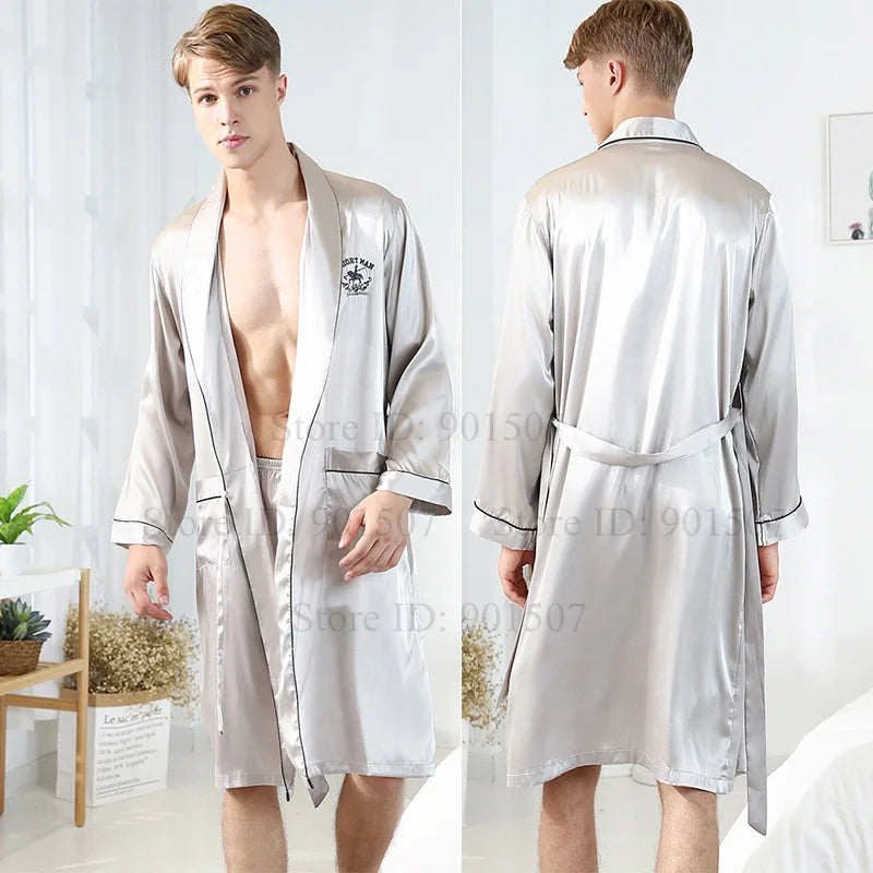 Men Homewear Leisure Sleeprobes Satin Robe Summer Spring Nightwear Male Casual Kimono Bathrobe Ice Silk Sleepwear Nightgown