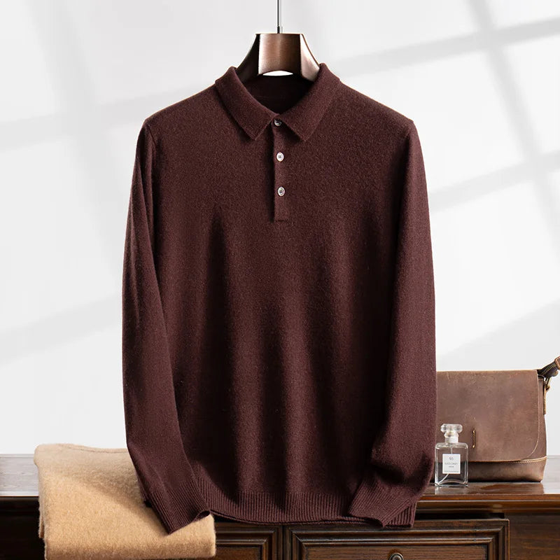 100% Cashmere Sweater Men's Knitted POLO Collar Pullover Casual High Waisted Knitted Straight Leg Pants Winter Warm Menswear