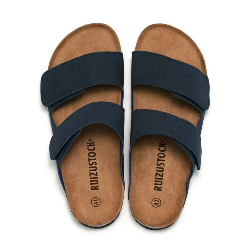 RUIZUSTOCK Men's Soft Wooden Slippers Trendy Student Double Strap Beach Shoes Wear-Resistant Rubber Outsole Comfortable For Home