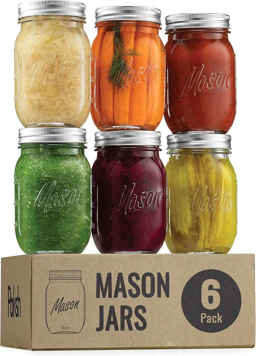 Mason Jars 473ml 6 Pack Regular Mouth Glass Jars with Lid & Seal Bands Airtight Container for Pickling Canning Candles Decor