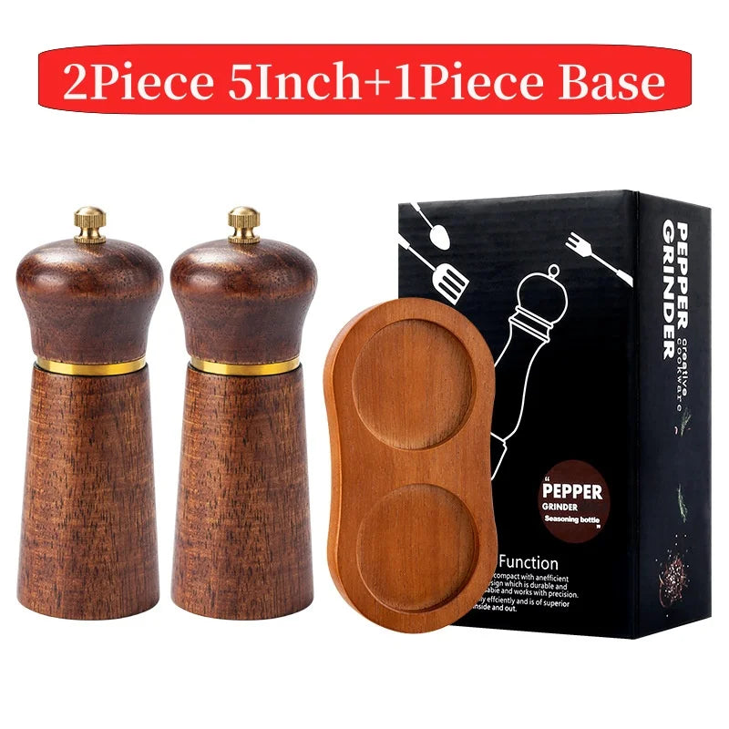 Oak Wooden Salt Pepper Mill with Base Set,Antique Western Style Pepper Grinding Tool,Ceramic Core,Salt Spice Shaker,8Inch, 5Inch