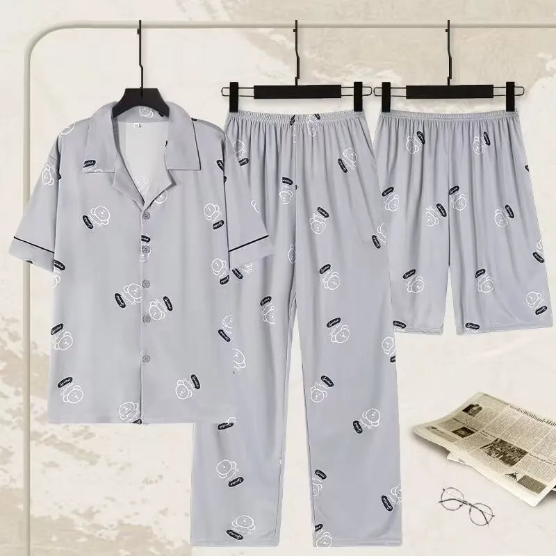 Men's Pajamas Loungewear Three-Piece Set Cotton Men's Spring and Summer Short Sleeve Shorts Trousers Thin Pajamas Loungewear Set