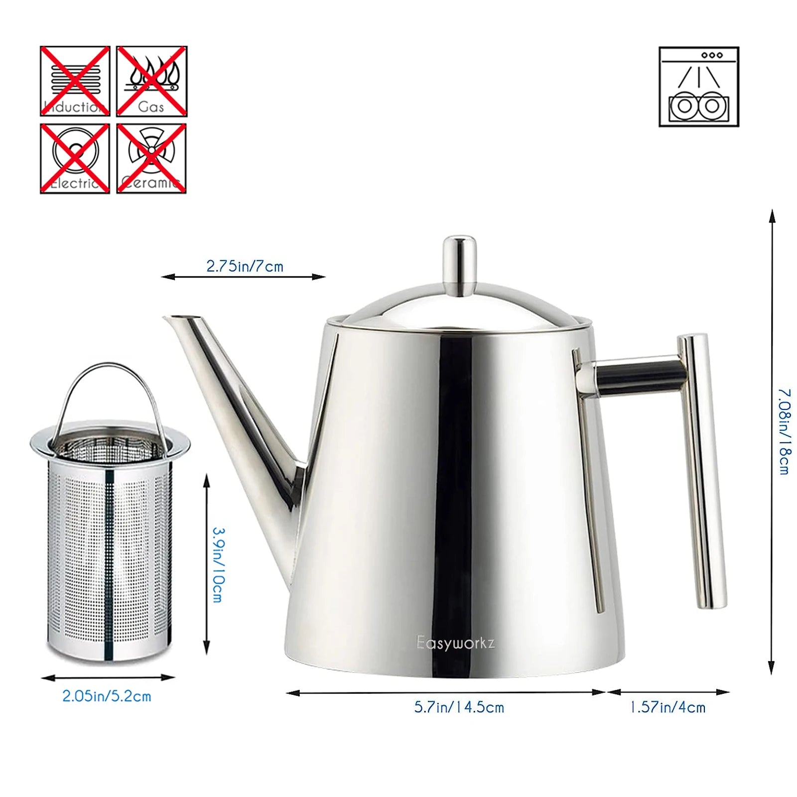 Easyworkz Stainless Steel Double Wall Tea Pot with Removable Tea Infuser, Perfect for Brewing Your Favorite Tea, Chrome