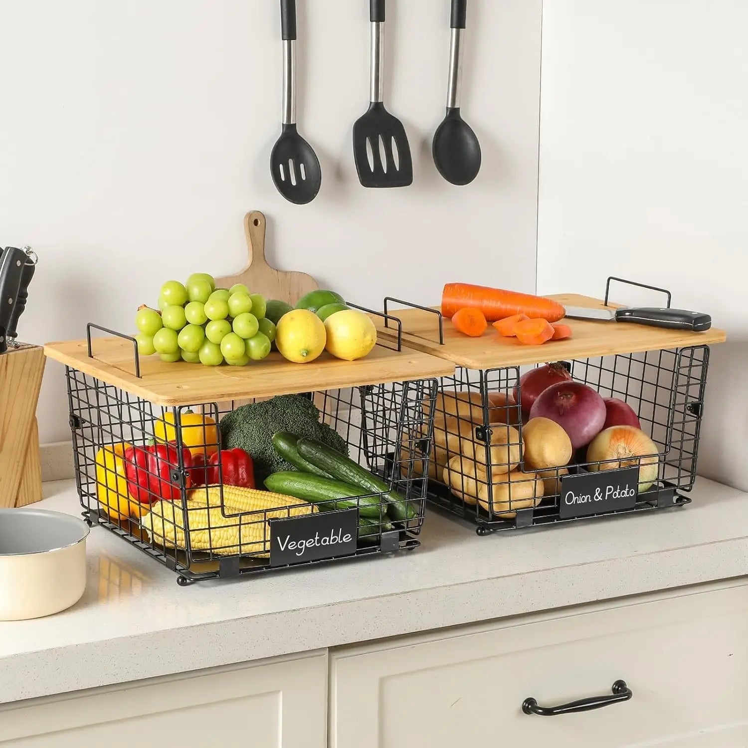 Large Stackable Wire Basket with Bamboo Top - Kitchen Counter, Pantry Organizer and Storage, Onion Potato Fruits Vegs Basket