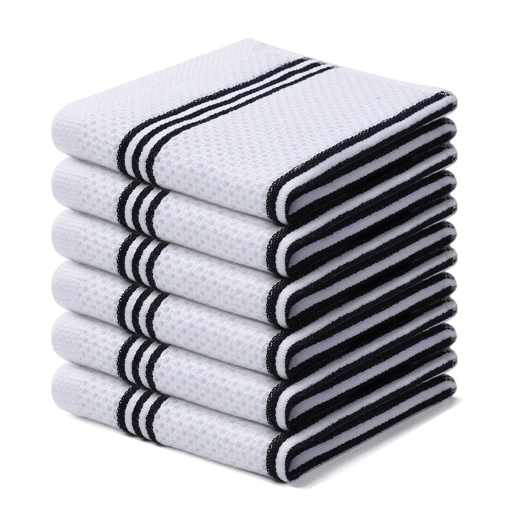 Kitinjoy 4/6pcs Cotton Towel For Kitchen Waffle Weave Stripe Kitchen Towel Absorbent Dishcloth Soft Drying Home Cleaning Cloths
