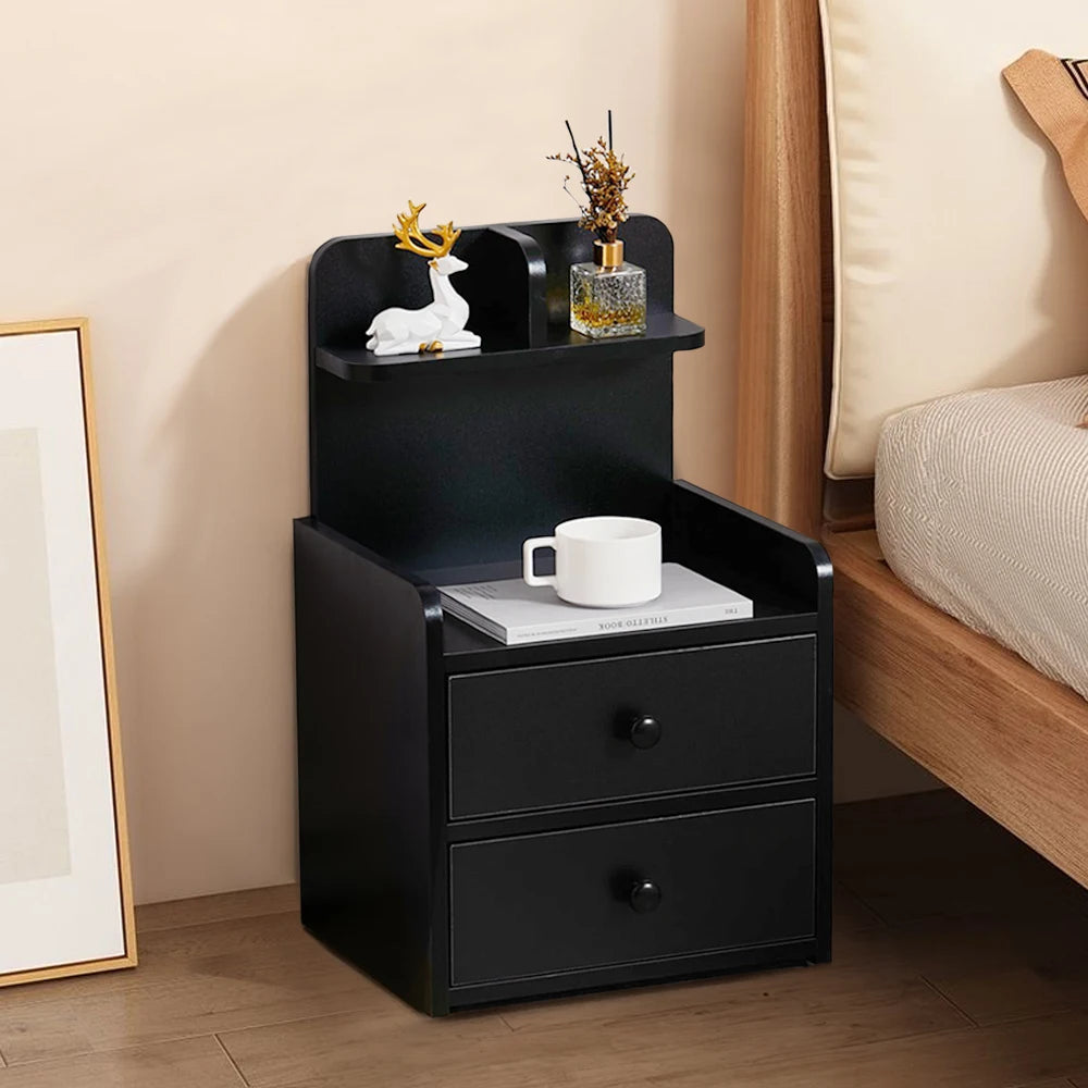 Haodirect Modern Black Double Drawer Nightstand with Shelves Wooden Bedroom Drawer Chest