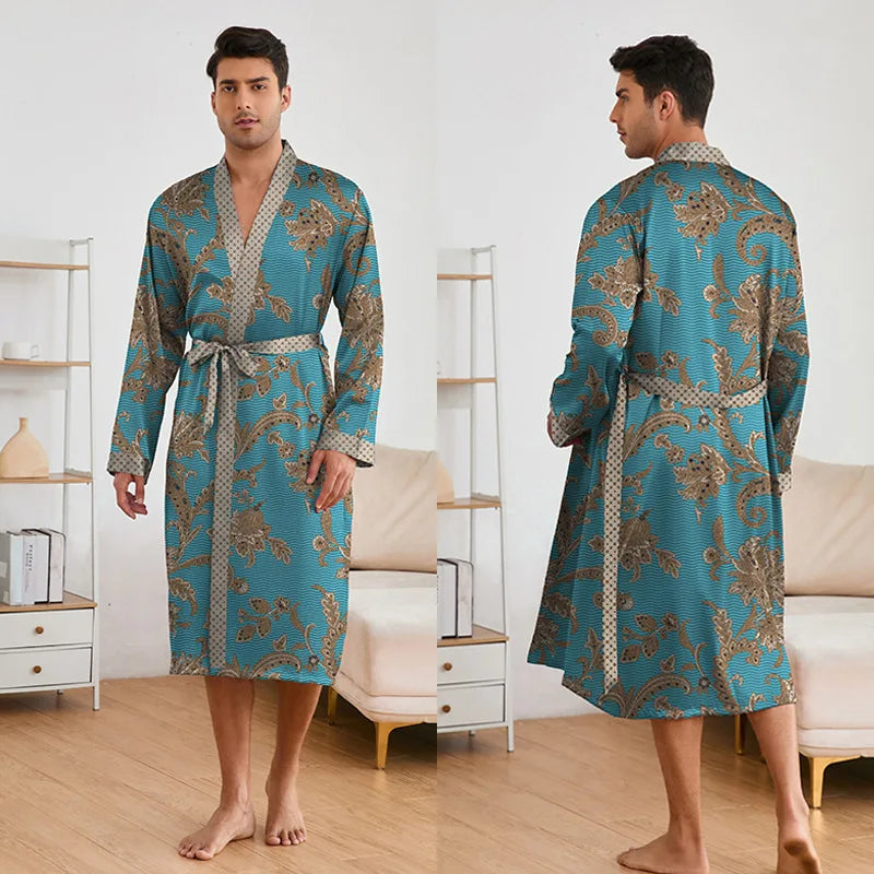 Fashion Design Pajamas Suit Men New Paisley Printed Nightgowns Long-sleeved Shorts Bathrobe Male Soft Ice silk Satin Nightwear