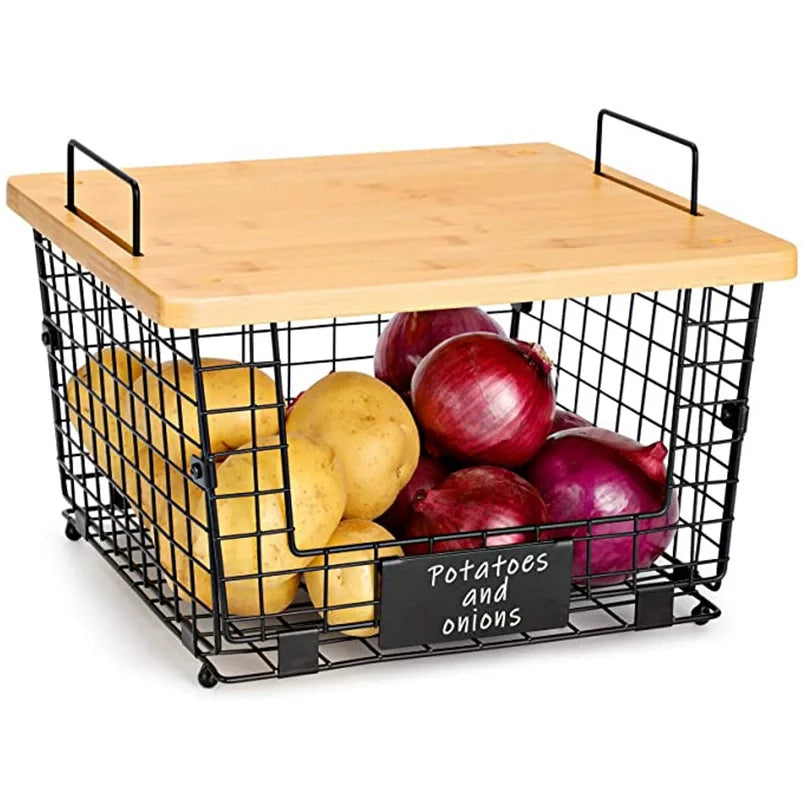 Large Stackable Wire Basket with Bamboo Top - Kitchen Counter, Pantry Organizer and Storage, Onion Potato Fruits Vegs Basket