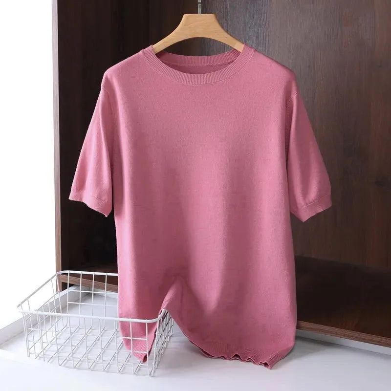 Men's Superfine Merino Wool T Shirt Knitted O-neck Breathable Thin Cashmer Short Sleeve Tee Solid Color Knitting Jumpers Tops