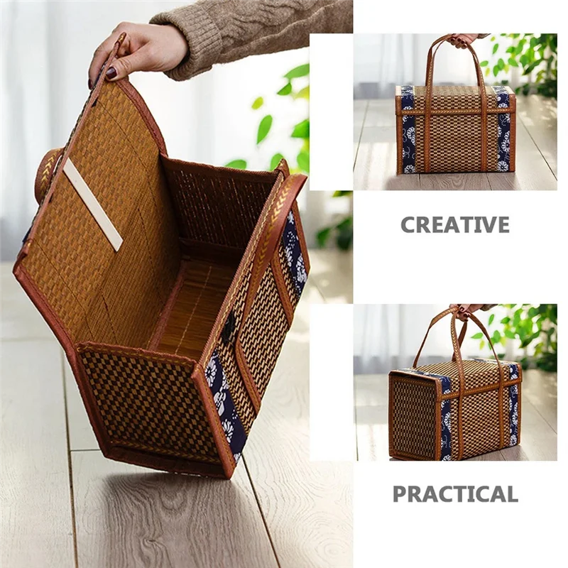Picnic Woven Basket Wicker Storage Bag Handle Folded Fruit Shopping Food Handle Rattan Grass Foldable Bamboo Basket