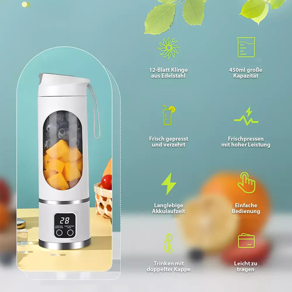 450ml Portable Juicer with LED Digital Display USB Charging Outdoor Juicing Cup Home Multifunctional 12-Blade Blender 1500mAh