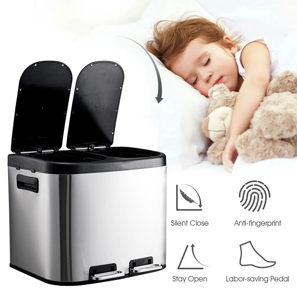 Voltsify 20L Stainless Steel Step Open Trash Can with Dual Pedals Kitchen Household Large Capacity Hotel Trash Can