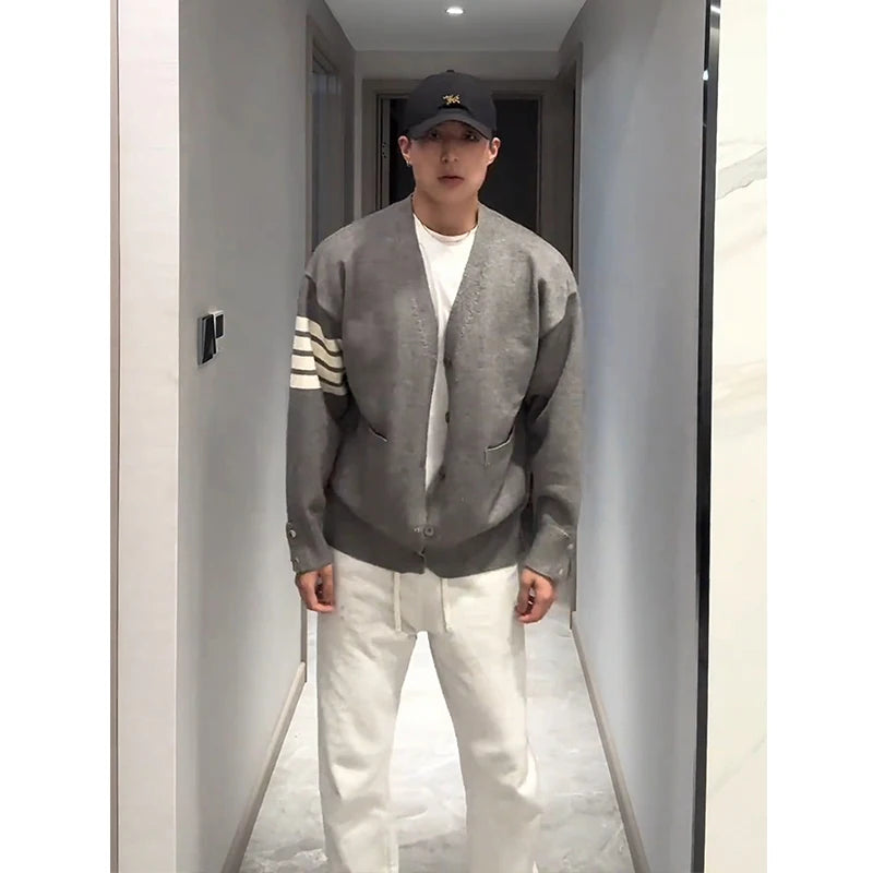 ay Striped Knit Cardigan Spring Autumn Men's V-Ne Sweater Casual Loose Fit Long Sve Polyester Fiber Faionable