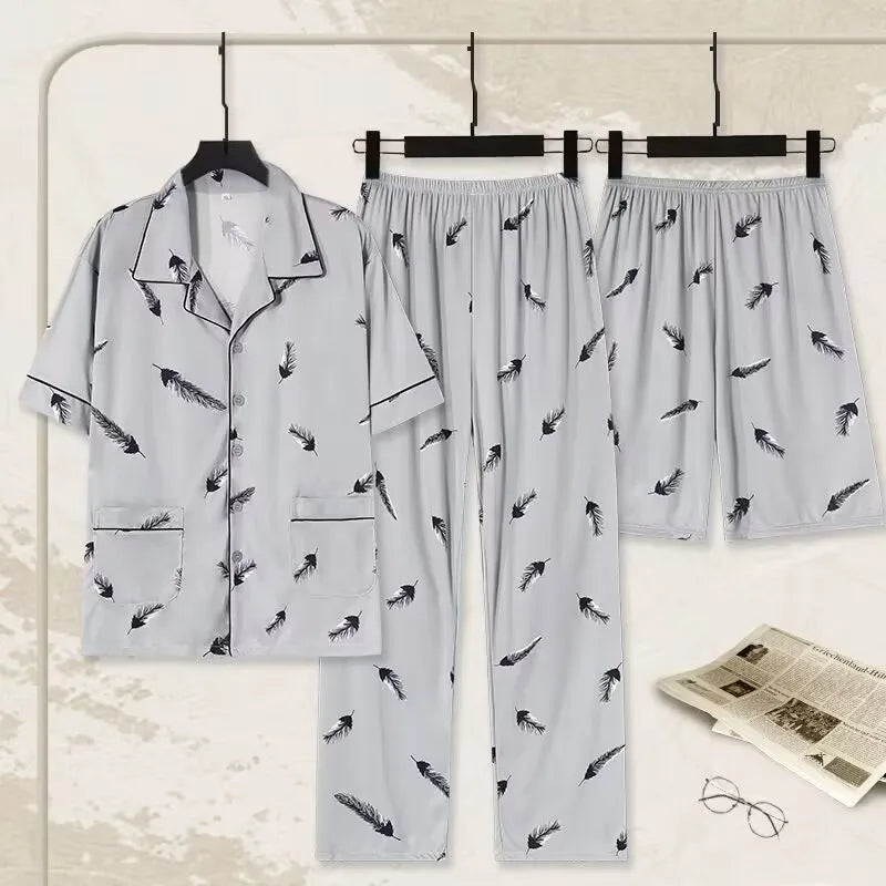Men's Pajamas Loungewear Three-Piece Set Cotton Men's Spring and Summer Short Sleeve Shorts Trousers Thin Pajamas Loungewear Set