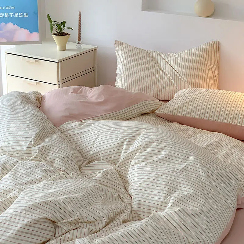 Stripes Duvet Cover Set Adults Boys Quilt Cover Bed Sheet Simple Home Bedding Soft Washed Cotton Bedclothes Single Double Size