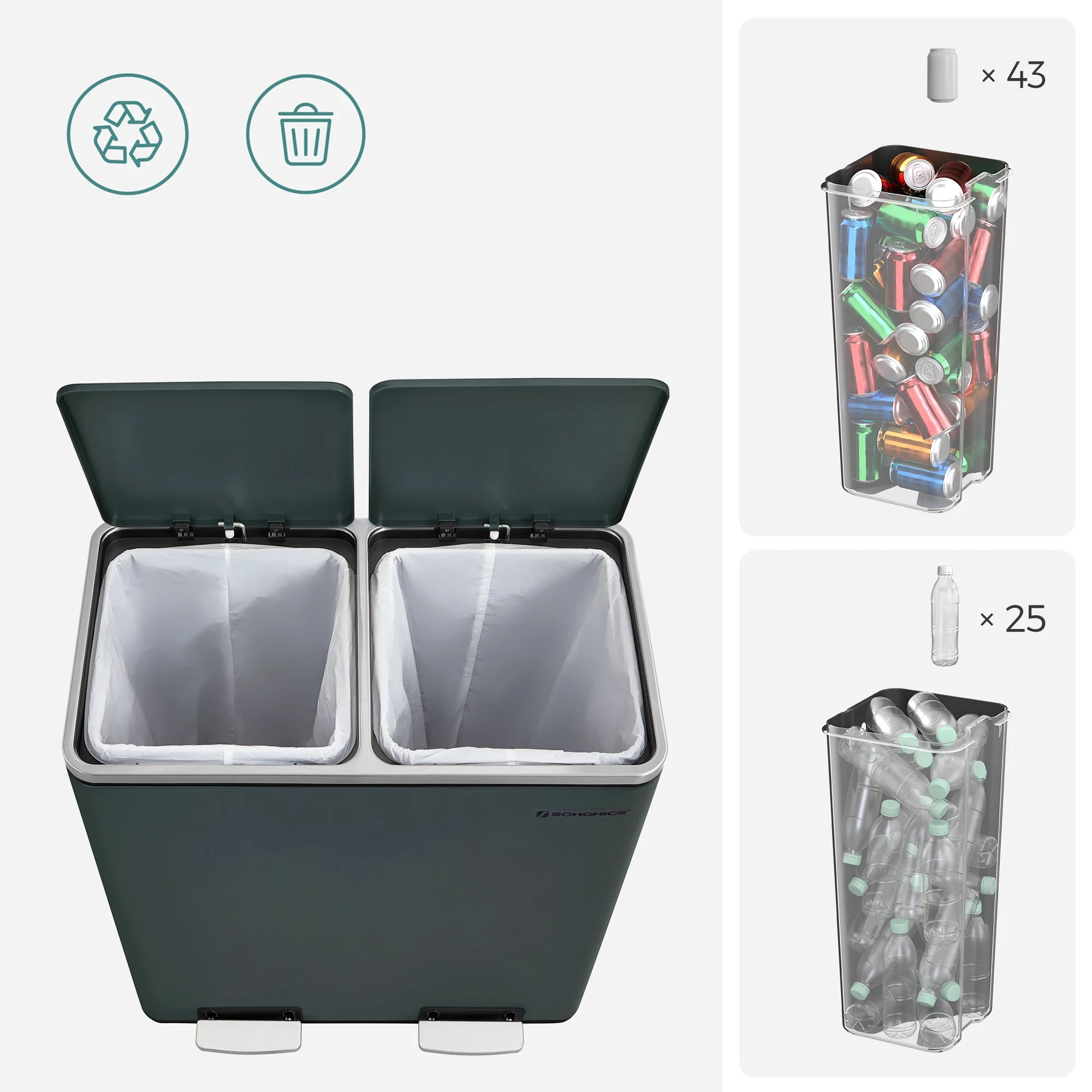 SONGMICS Double Compartment 2 x 30 L Rubbish Bin with 15 Bin Bags, Metal Foot Pedals, 2 Internal Plastic Buckets, Lids