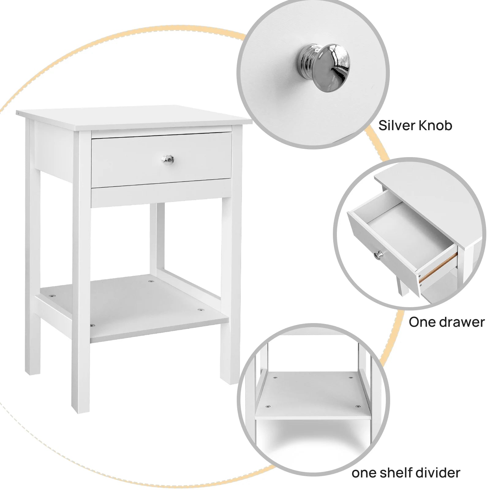 White Bedside Table Wooden Side Table Sofa Side Table Bedroom Nightstand,Bedside Cabinet with Drawer & Storage Shelf