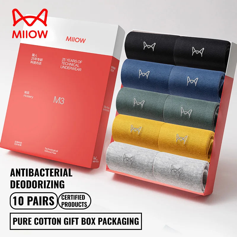 MiiOW 100% Pure Cotton Socks Men Business Dress Long Sock Antibacterial Anti Odor Crew Socks Solid Color Breathable Sport Sock