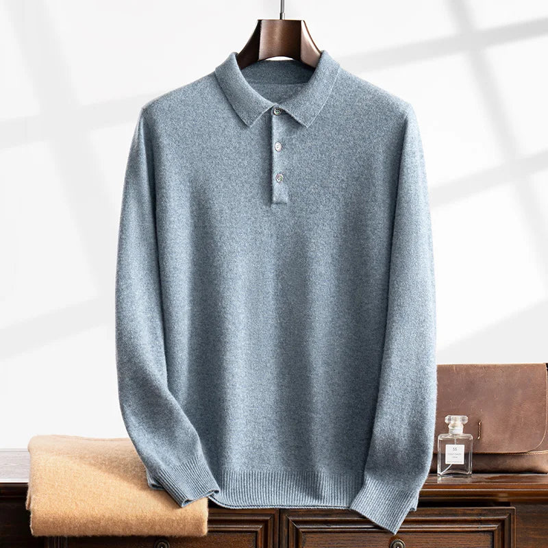 100% Cashmere Sweater Men's Knitted POLO Collar Pullover Casual High Waisted Knitted Straight Leg Pants Winter Warm Menswear