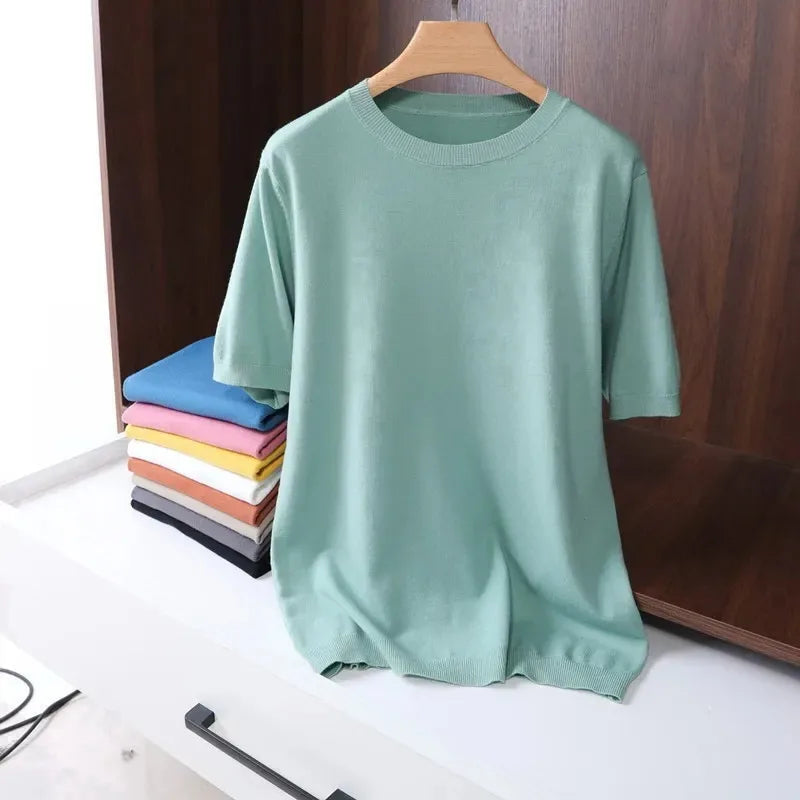 Men's Superfine Merino Wool T Shirt Knitted O-neck Breathable Thin Cashmer Short Sleeve Tee Solid Color Knitting Jumpers Tops