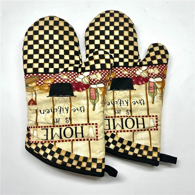 2Pcs 17x33cm Cotton Vintage Printed Oven Mitts Baking Gloves Pad Microwave Insulation Kitchen Tool Party Gift