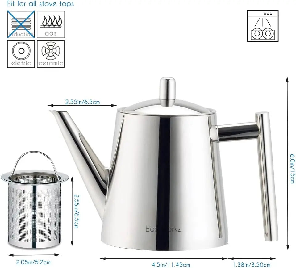 Easyworkz Stainless Steel Double Wall Tea Pot with Removable Tea Infuser, Perfect for Brewing Your Favorite Tea, Chrome