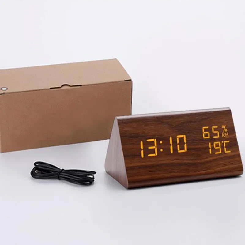 Wooden Triangle LED Desktop Digital Clock Thermometer Alarm Clock Electronic Tabletop Timepiece Home Decorative Item