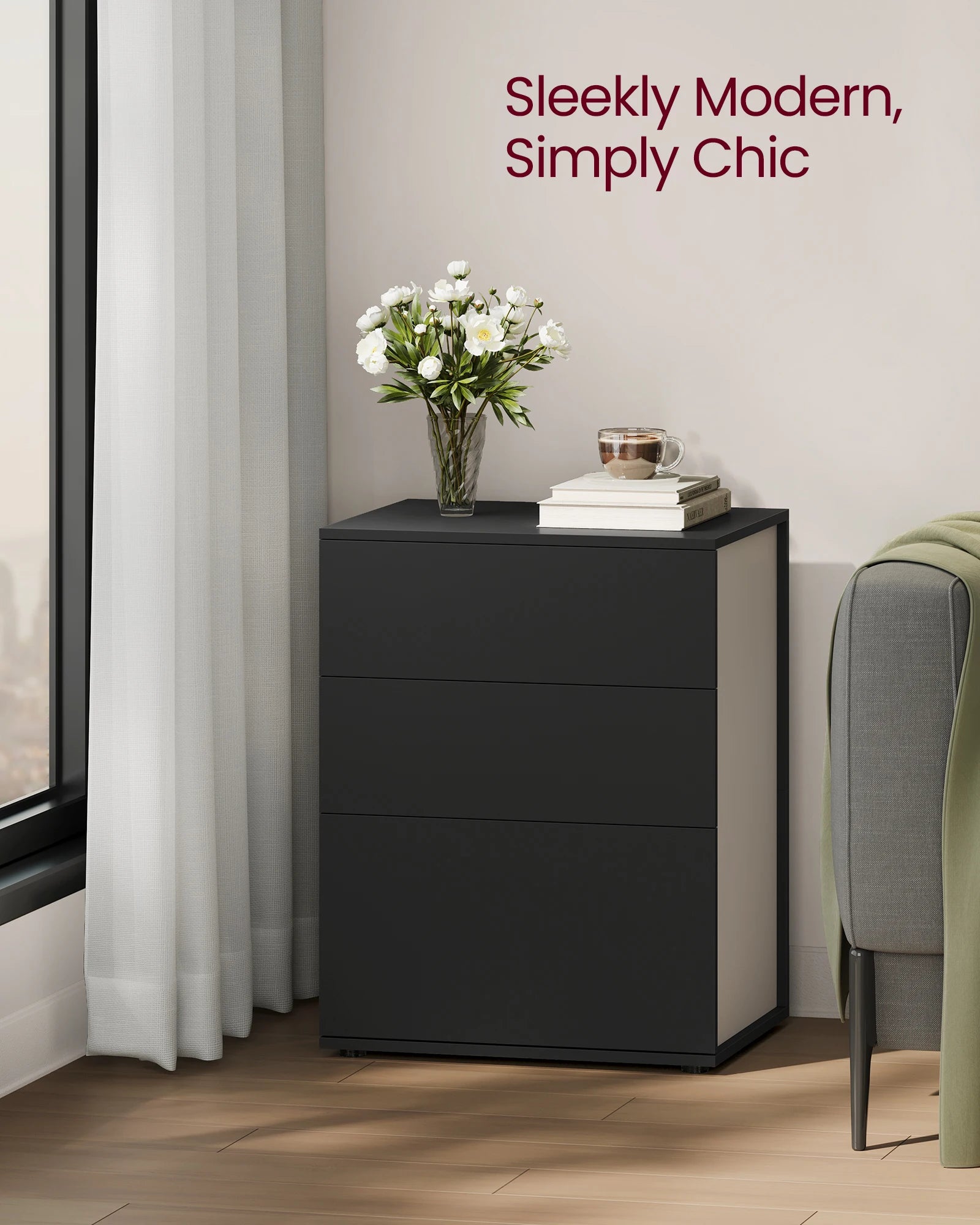 VASAGLE Bedside Table, Superfast Toolless Assembly, Nightstand with 3 Storage Drawers, Side Table, Modern Minimalist