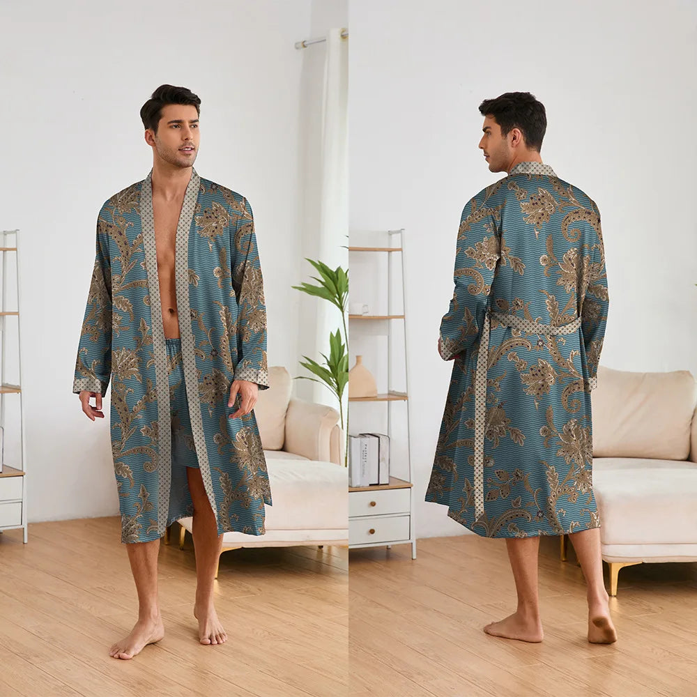 Fashion Design Pajamas Suit Men New Paisley Printed Nightgowns Long-sleeved Shorts Bathrobe Male Soft Ice silk Satin Nightwear
