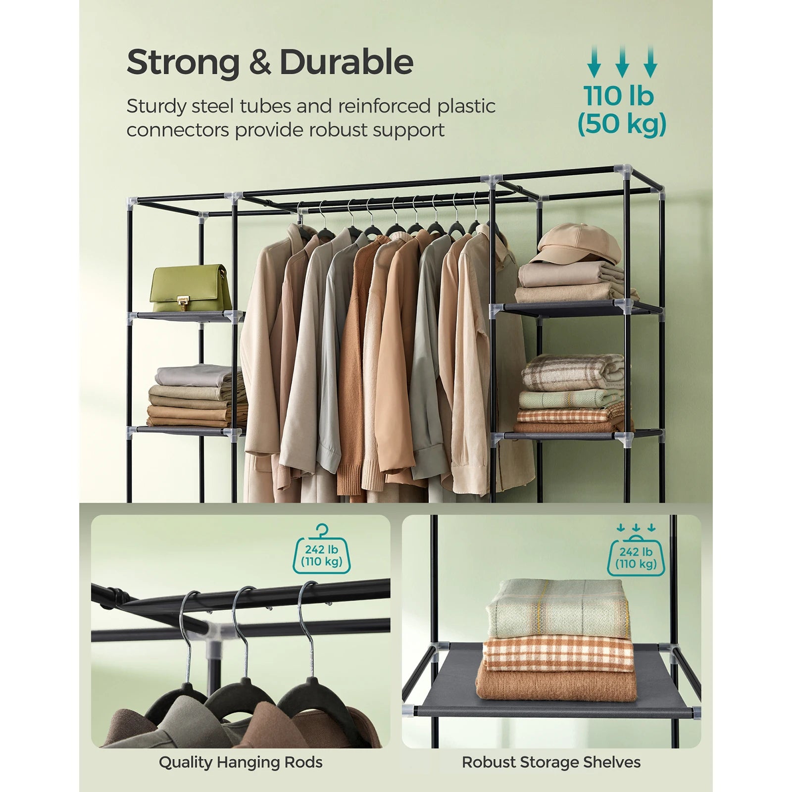 SONGMICS Fabric Wardrobe, Portable Wardrobe for Bedroom, Clothes Rail with Non-Woven Fabric Cover, Clothes Storage Organise