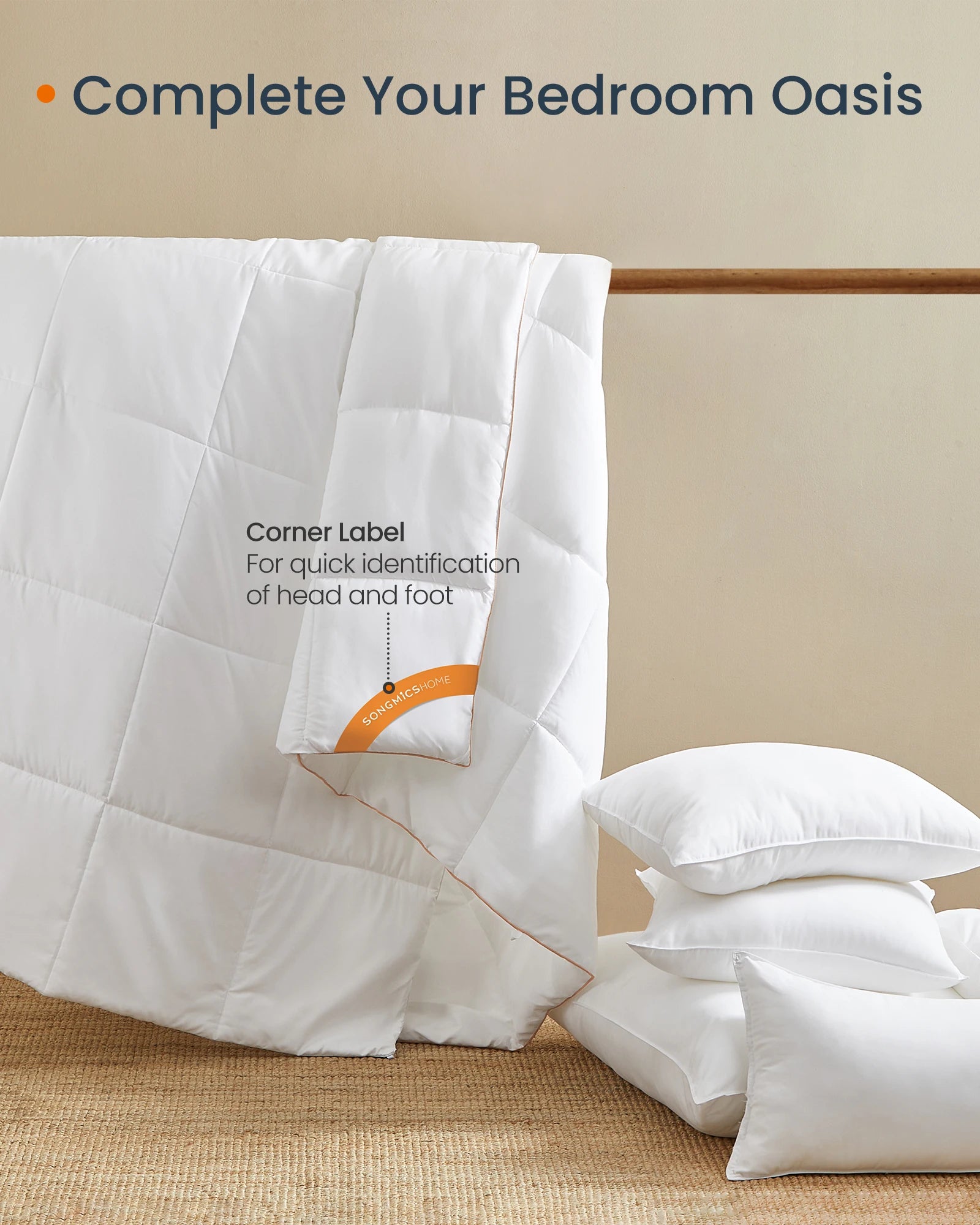 SONGMICS HOME Duvet, 200 x 200 cm Quilt, Quilted Duvet Insert with 8 Loops, 10.5 TOG Comforter, Double Size Duvet Insert