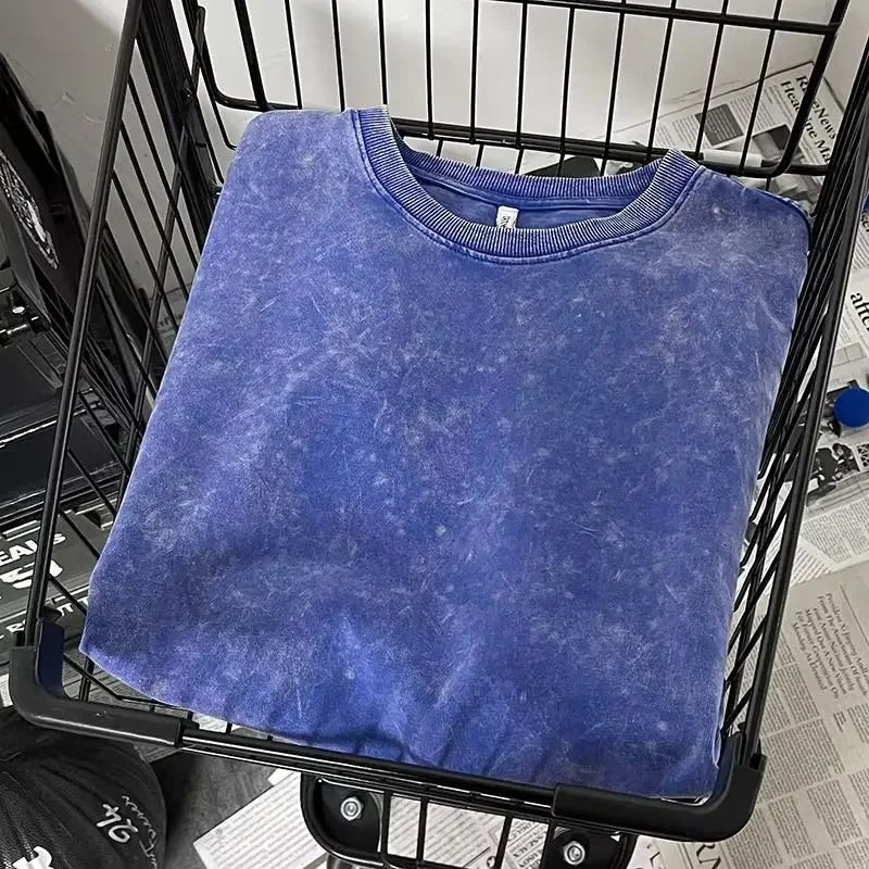 Distressed Heavy Cotton Short Sleeve T-shirt For Men Loose Fit Hong Kong Style Ins Half Sleeve Summer Trendy Body T-shirt