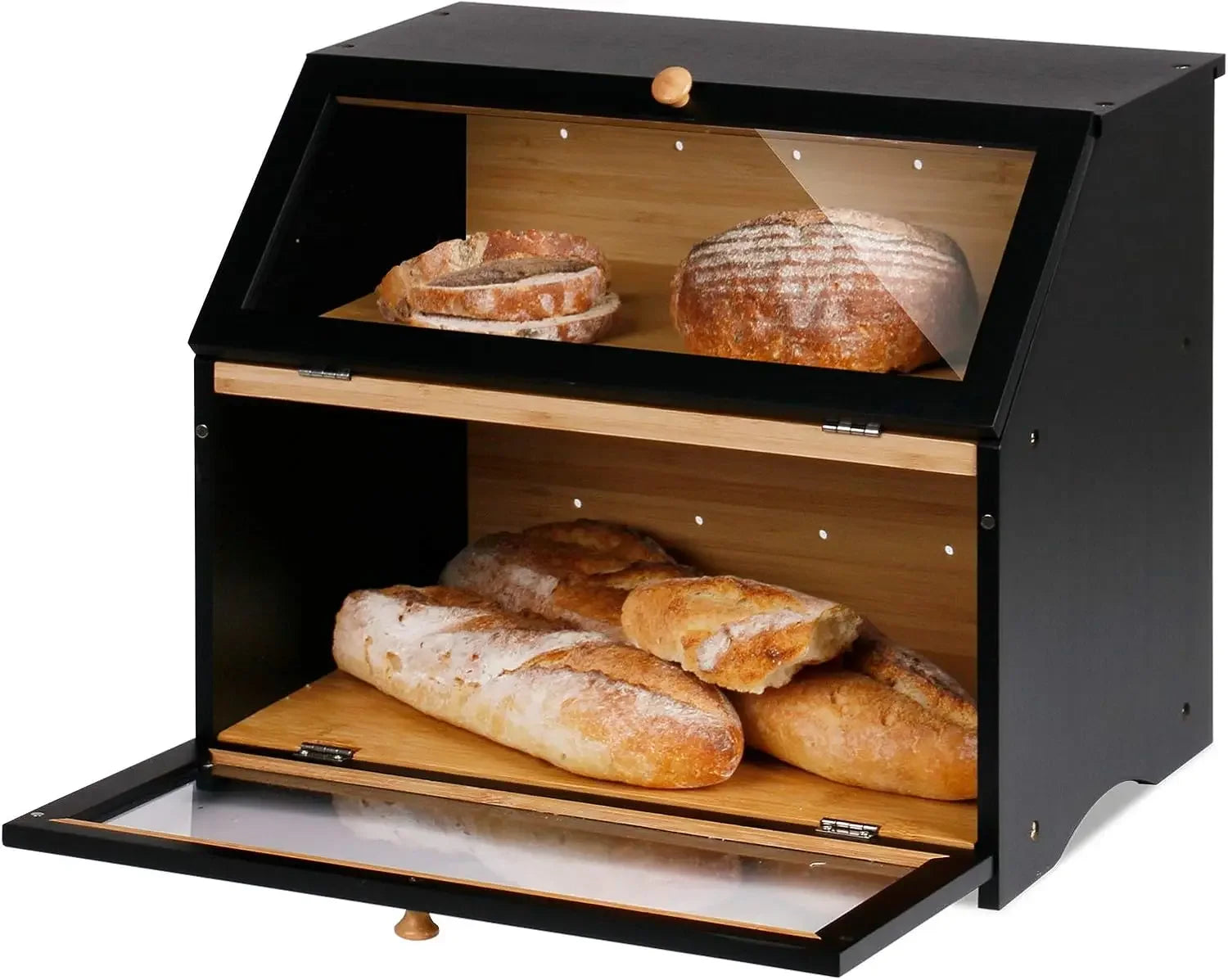 Double Layer Large Bread Box for Kitchen Counter, Wooden Large Capacity Bread Storage Bin kitchen organizer