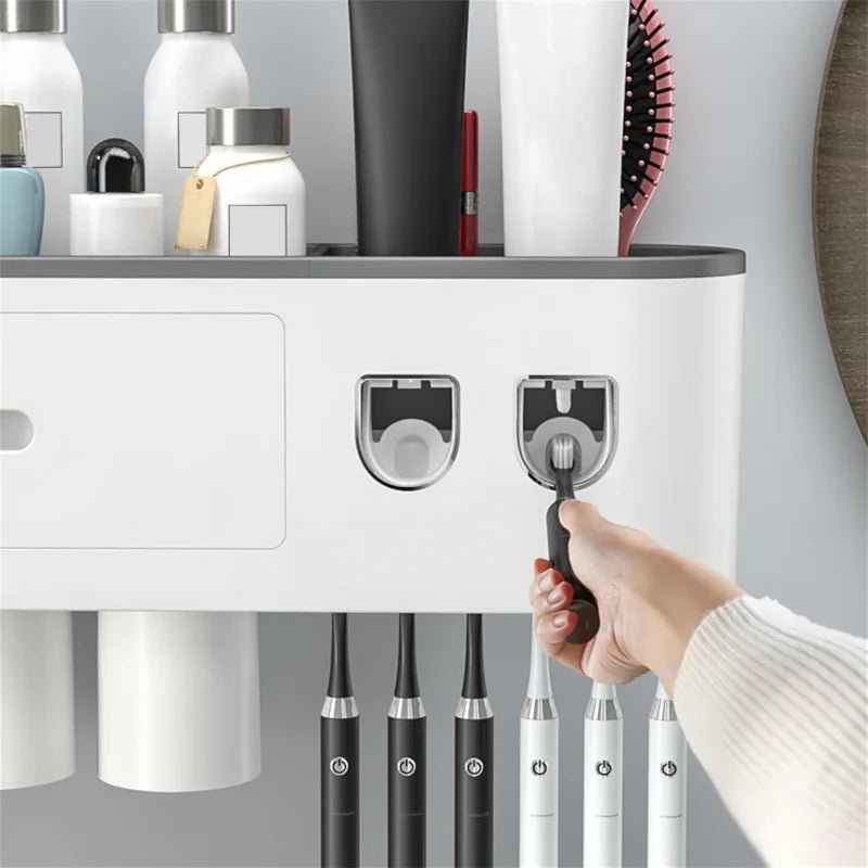 Automatic Toothpaste Dispenser Magnetic Toothbrush 2 Cups Holder 6 Toothbrush Hocks (2 Dispenser 2 Cups)
