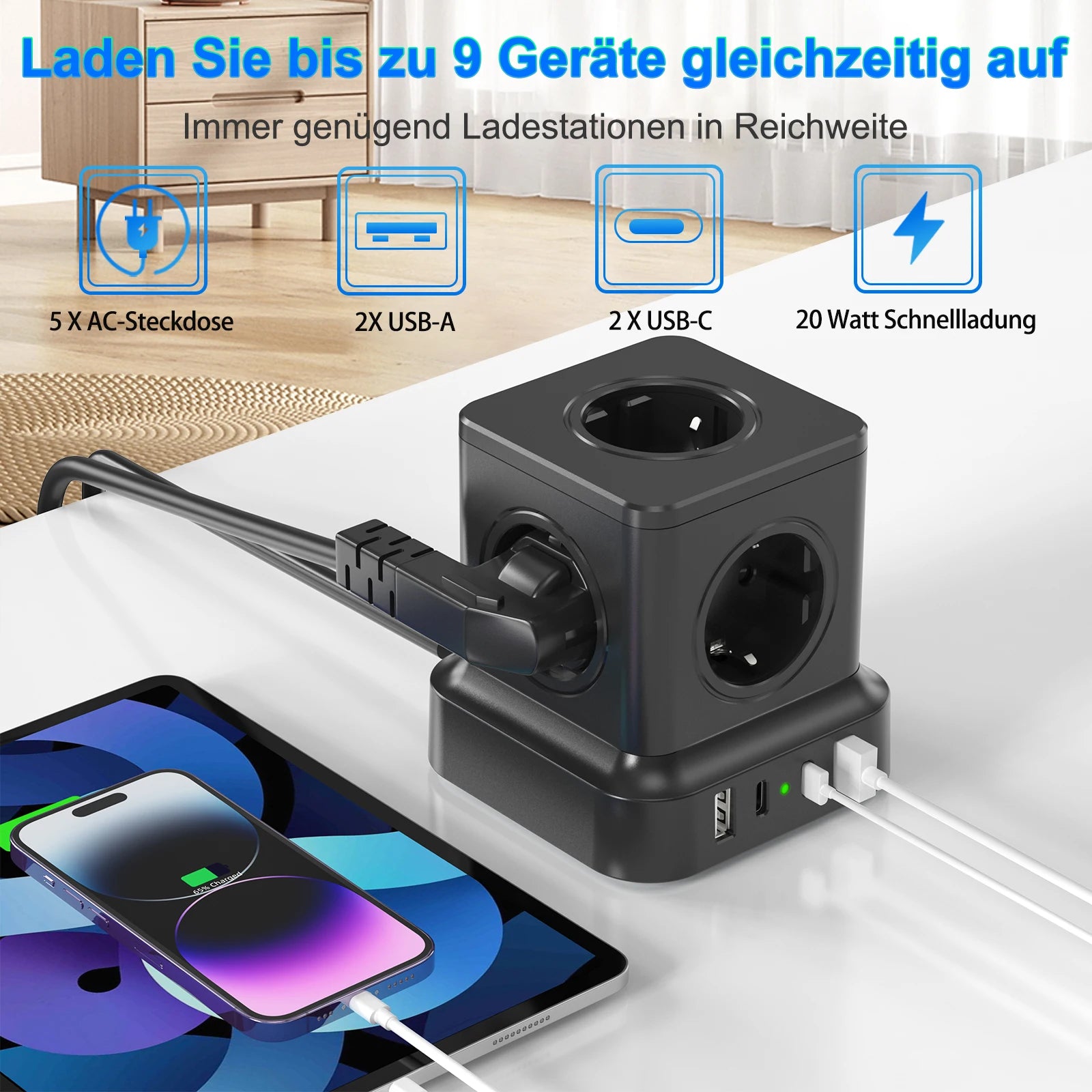 4000W EU Mulit Plug Power Strip Tower with 5 AC Outlets USB C Fast Charger PD20W, Power Board Socket 1.8 m Extension Cable