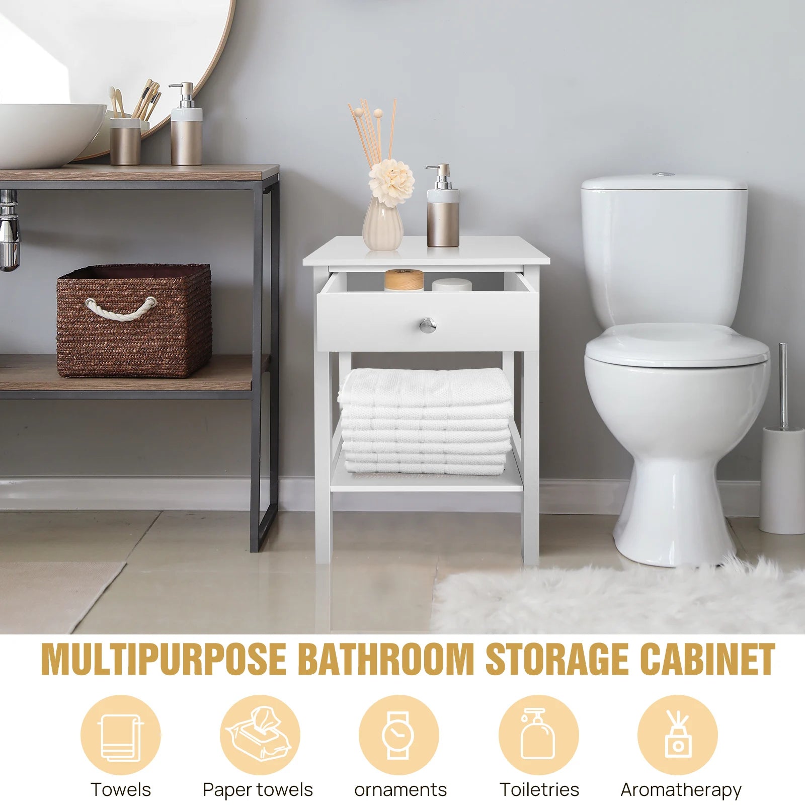 White Bedside Table Wooden Side Table Sofa Side Table Bedroom Nightstand,Bedside Cabinet with Drawer & Storage Shelf