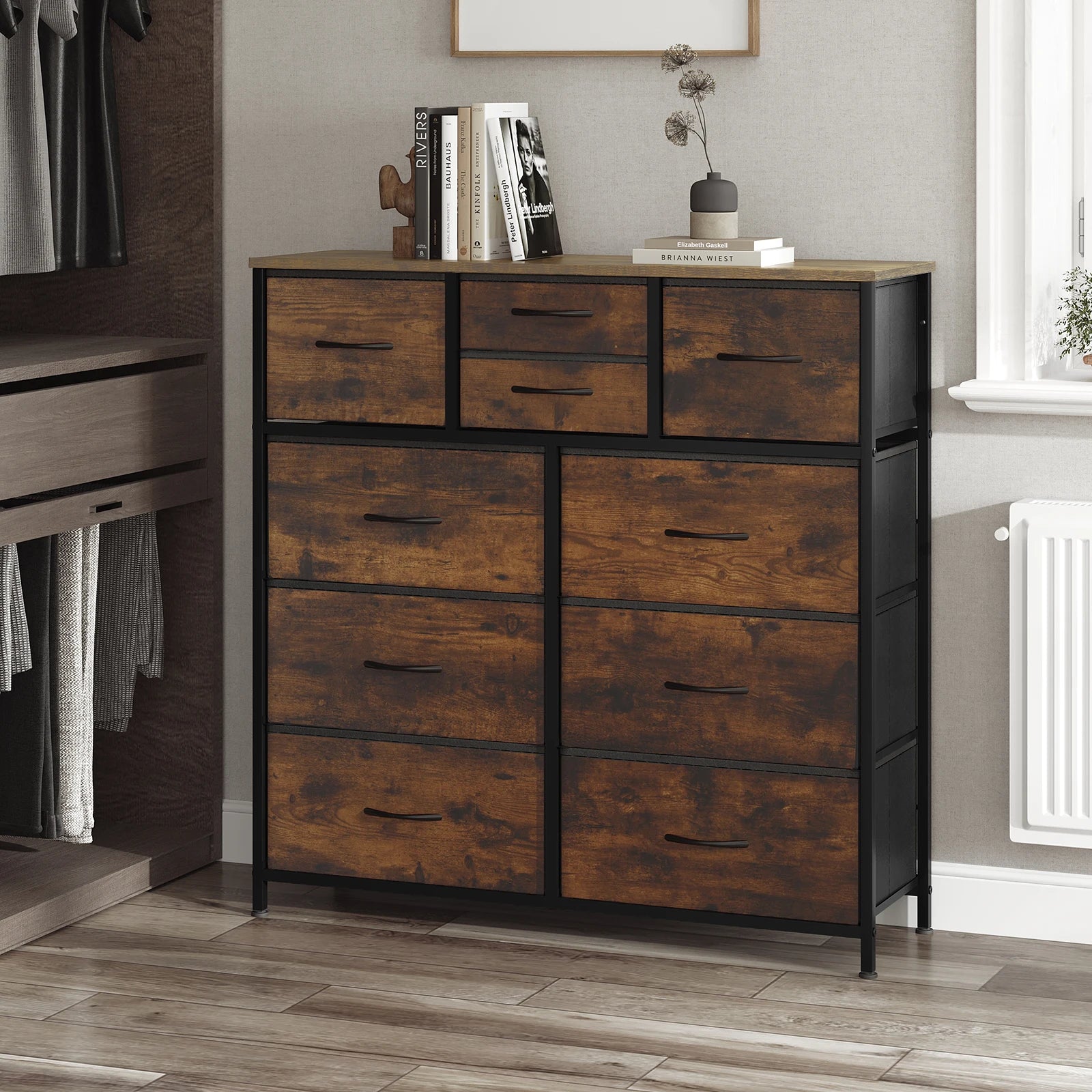 Fabric Chest of Drawers Sideboard  Metal Frame Living Room Dresser Industrial Style Storage for Bedroom Hallway Cabinet Home