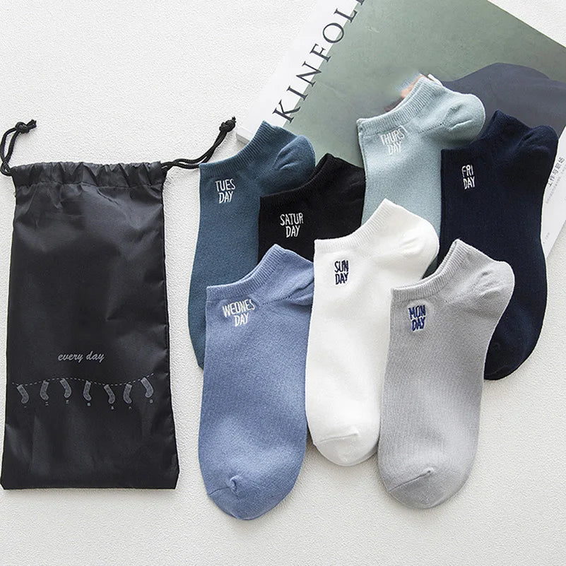 7 Pairs/Set Monday To Sunday 7 Days Embroidery Weekly Socks Couple Cotton Casual Socks Women Men Fashion Japanese Style Mid Sock