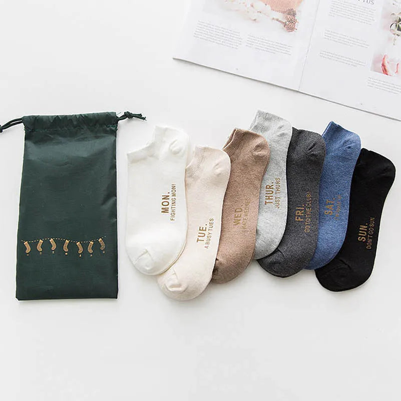 7 Pairs/Set Monday To Sunday 7 Days Embroidery Weekly Socks Couple Cotton Casual Socks Women Men Fashion Japanese Style Mid Sock