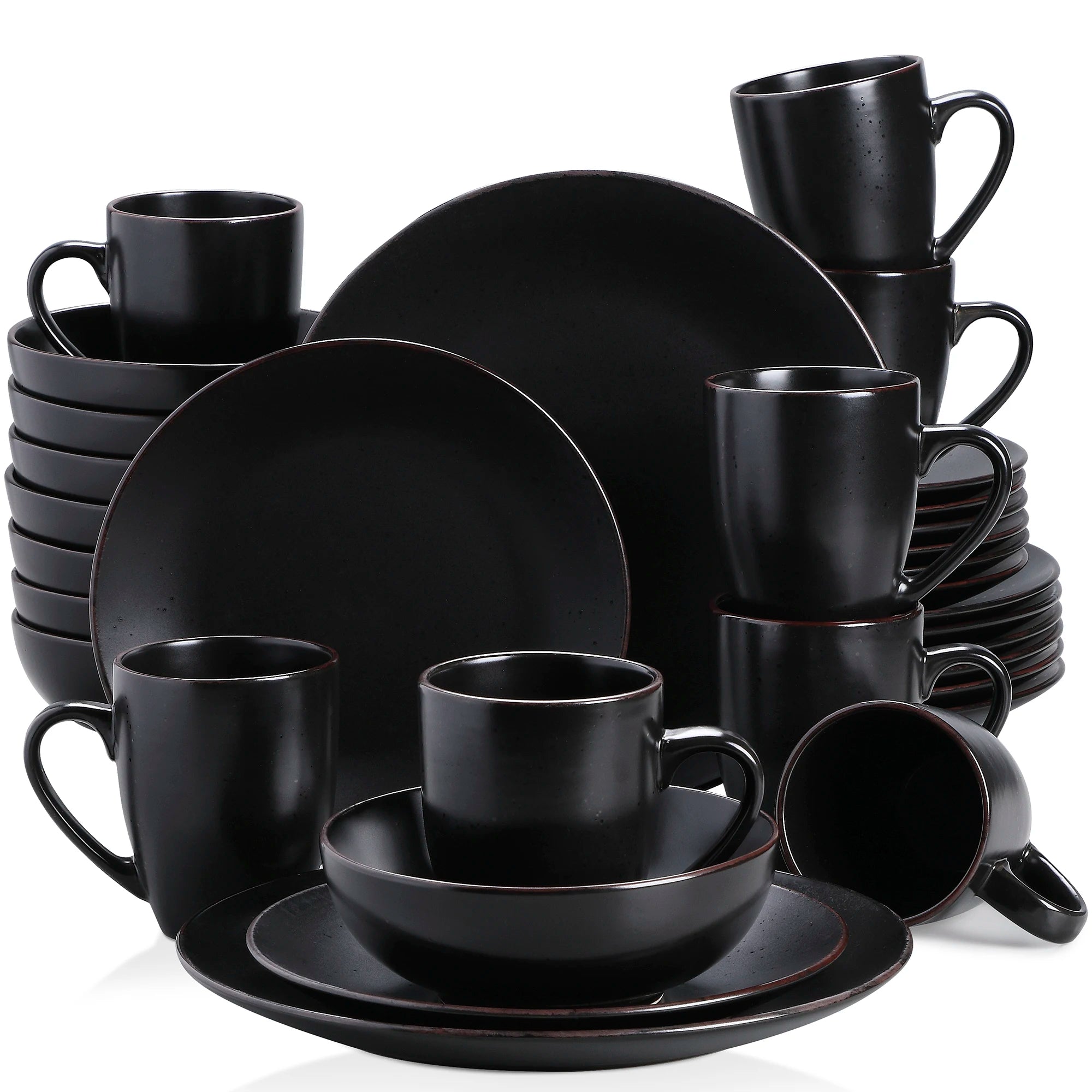 vancasso 16/32 Piece Matte Pottery Dinner Set Black Stoneware Tableware Set with 4PCS Dinner Plate,Dessert Plate,Bowls,Cups