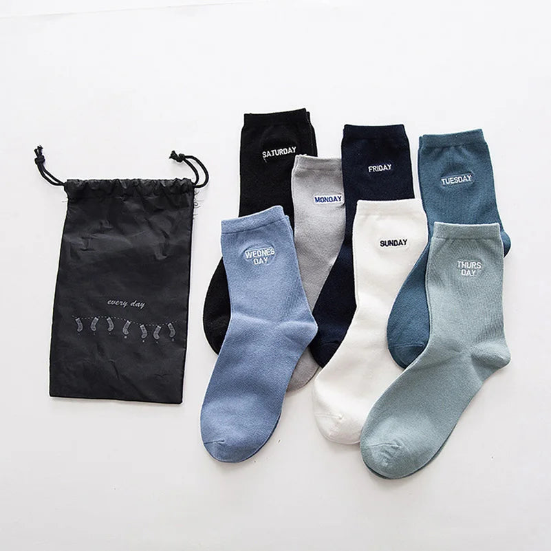 7 Pairs/Set Monday To Sunday 7 Days Embroidery Weekly Socks Couple Cotton Casual Socks Women Men Fashion Japanese Style Mid Sock