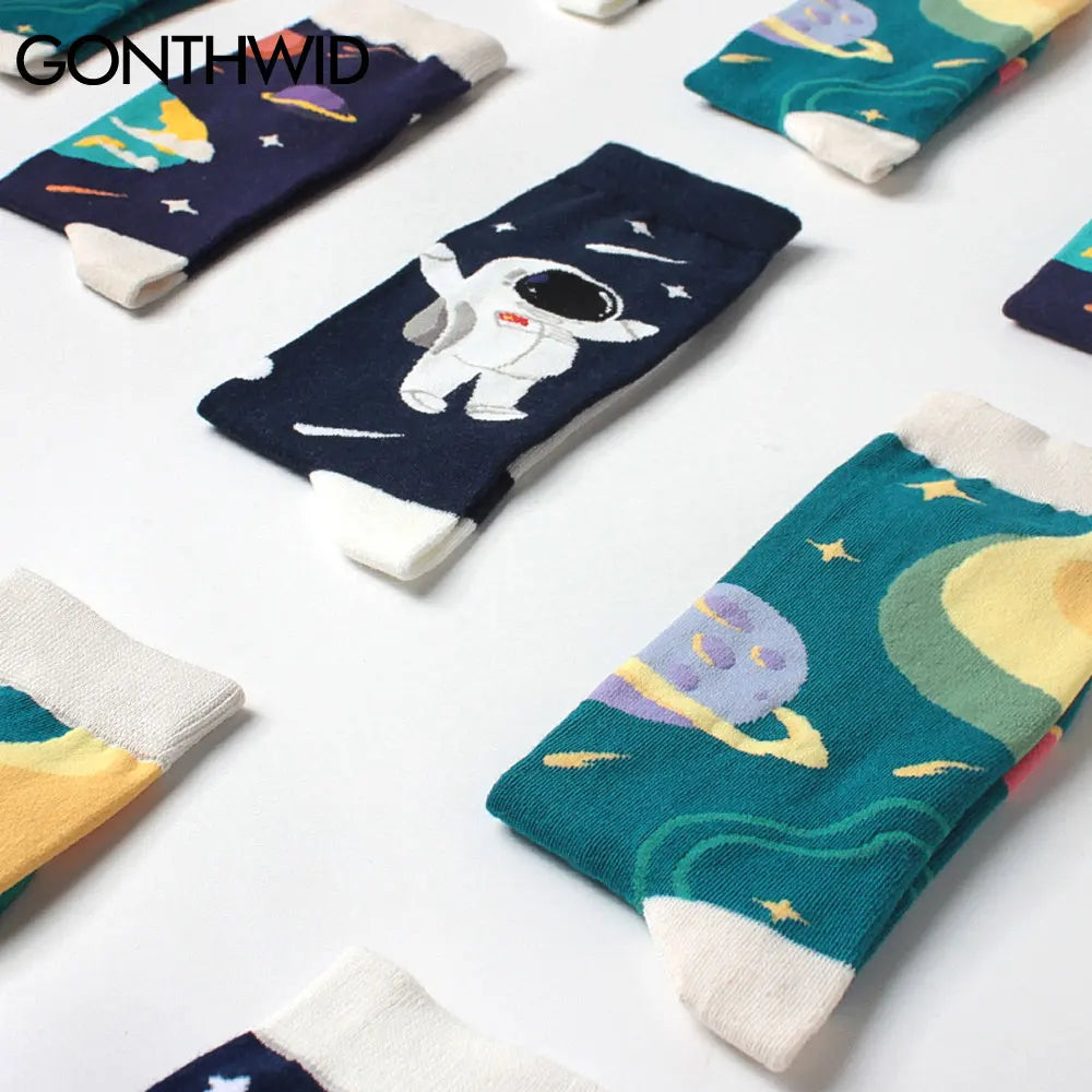 GONTHWID Creative Universe Astronaut Planets Cotton Socks Streetwear Men Women Hip Hop Harajuku Fashion Casual Skateboard Socks