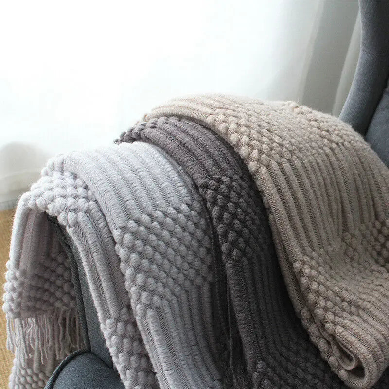Plaid Knit Air Conditioner Cover Nap Blanket Comfortable Nordic Style Warm Tassel Solid Color Blankets For Beds Sofa