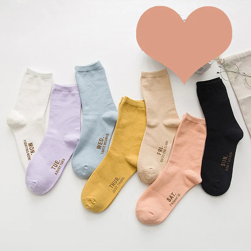 7 Pairs/Set Monday To Sunday 7 Days Embroidery Weekly Socks Couple Cotton Casual Socks Women Men Fashion Japanese Style Mid Sock