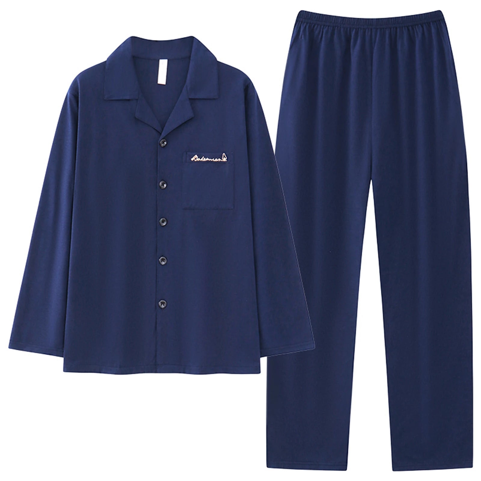 Classic Black Mens Pajamas Spring Autumn Cotton Pyjamas Collared Neck with Notched Lapels Long Sleeves Button Placket Sleepwear