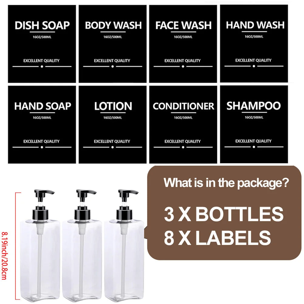 3PCS 500ml Square Soap Dispenser Waterproof Labels Refillable Empty Bottle Hand Soap Liquid Lotion Shampoo Conditioner Container
